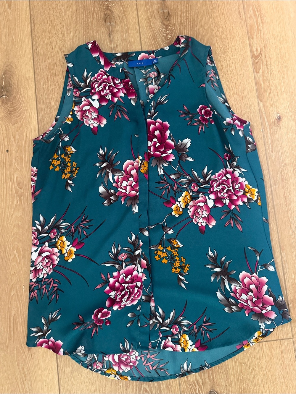 Apt. 9 Teal Floral Sleeveless Top with Pink & mustard floral print